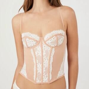 Forever 21 Lace Bustier Pink White Corset Top Adjustable Spaghetti Strap Sexy S